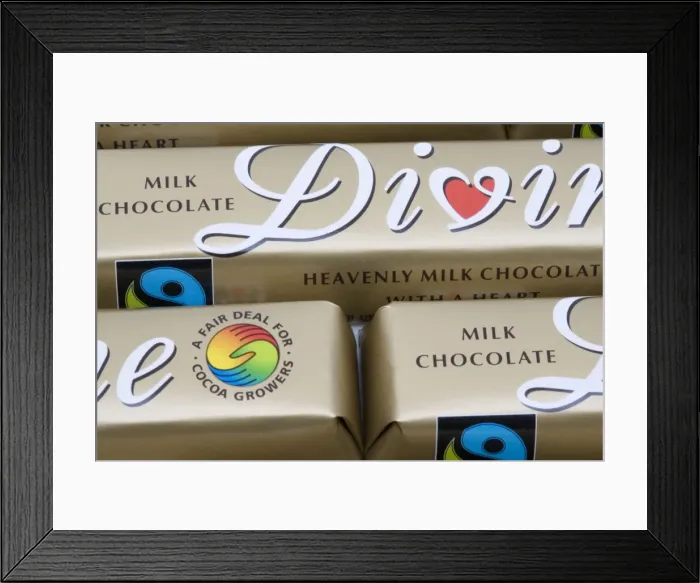 Framed Print : Bars of fair traded Divine chocolate with Fairtrade logo Framed Print : Bars of fair traded Divine chocolate with Fairtrade logo