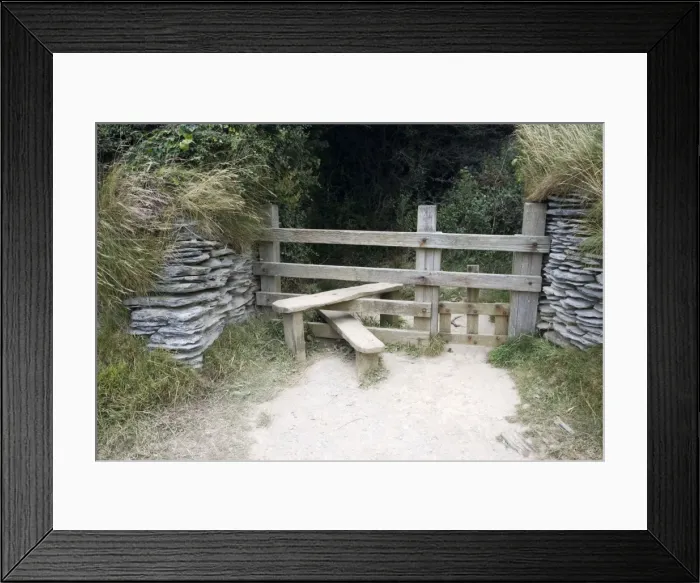 Framed Print : Wooden stile with dog gate between stone walls on cliff path North Devon UK Framed Print : Wooden stile with dog gate between stone walls on cliff path North Devon UK