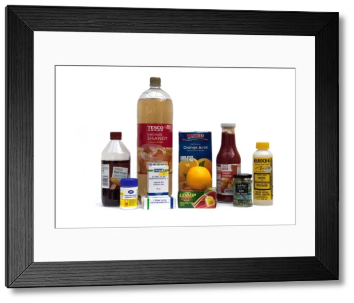 Framed Print : Display of household items containing acids including vinegar aspirin orange citric acid tomato sauce lemsip - UK Framed Print : Display of household items containing acids including vinegar aspirin orange citric acid tomato sauce lemsip - UK