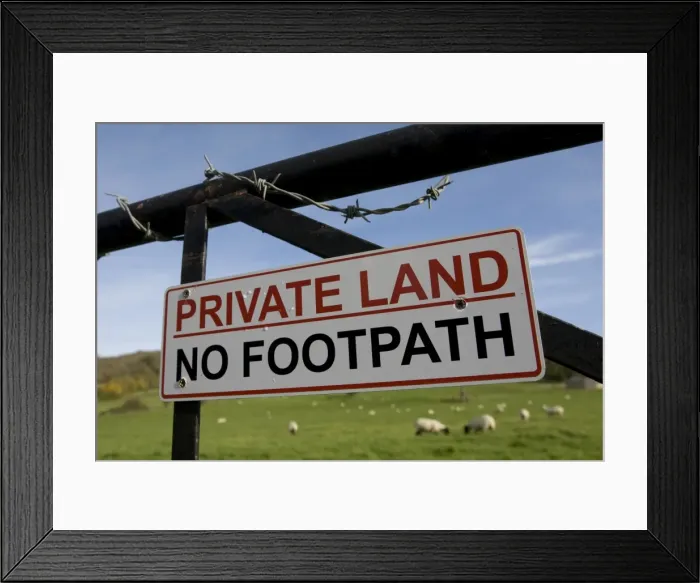 Framed Print : Sign - Private land no footpath on barbed wired gate Cotswolds UK Framed Print : Sign - Private land no footpath on barbed wired gate Cotswolds UK