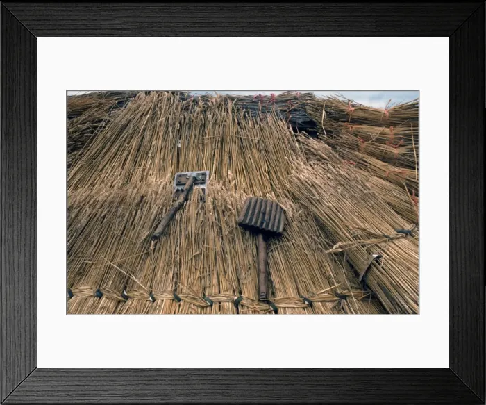 Framed Print : Thatcher's tools- with straw thatching Framed Print : Thatcher's tools- with straw thatching