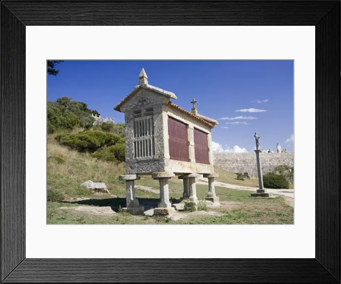 Framed Print : Horreo or granary near from medieval fort Baiona Galicia Spain Framed Print : Horreo or granary near from medieval fort Baiona Galicia Spain