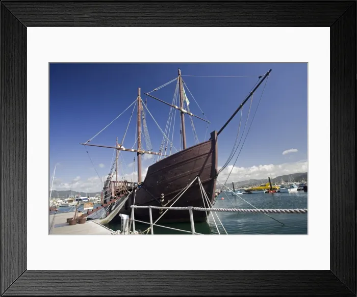 Framed Print : Replica of Columbus sailing ship Pinta in harbour Baiona Galicia Spain Framed Print : Replica of Columbus sailing ship Pinta in harbour Baiona Galicia Spain
