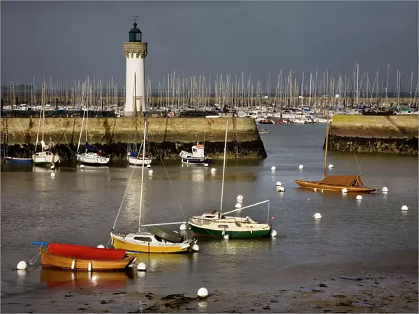 Boats in harbour with lighthouse. Quiberon port Haliguen - Brittany - France