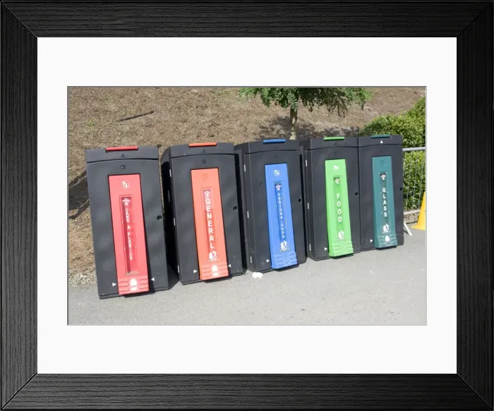 Framed Print : Colourful recycling containers Eden Project Bodelva St Austell Cornwall UK Framed Print : Colourful recycling containers Eden Project Bodelva St Austell Cornwall UK
