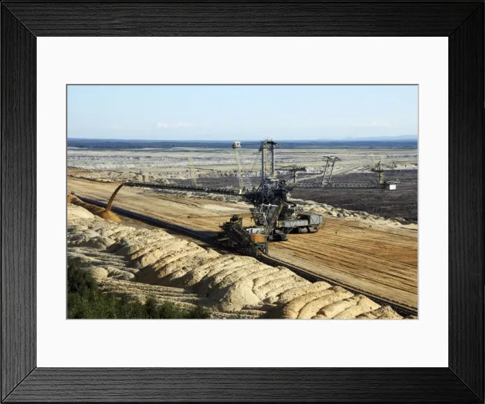 Framed Print : Vattenfall Europe Opencast brown coal (lignite) mine and simultaneous backfilling - near Weisswasser - Saxony NE Germany. (note the man for size behind the big excavator) Framed Print : Vattenfall Europe Opencast brown coal (lignite) mine and simultaneous backfilling - near Weisswasser - Saxony NE Germany. (note the man for size behind the big excavator)