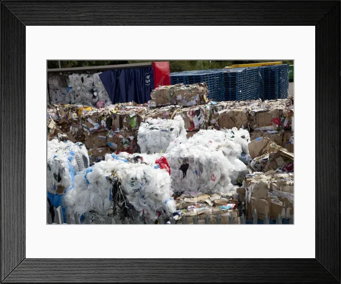 Framed Print : Bales of plastic and cardboard waste for recycling outside Morrisons warehouse Bristol UK Framed Print : Bales of plastic and cardboard waste for recycling outside Morrisons warehouse Bristol UK