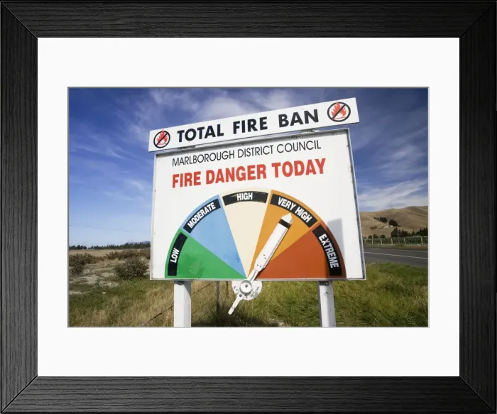 Framed Print : Sign - board on roadside displaying daily fire warning as very high South Island, New Zealand Framed Print : Sign - board on roadside displaying daily fire warning as very high South Island, New Zealand