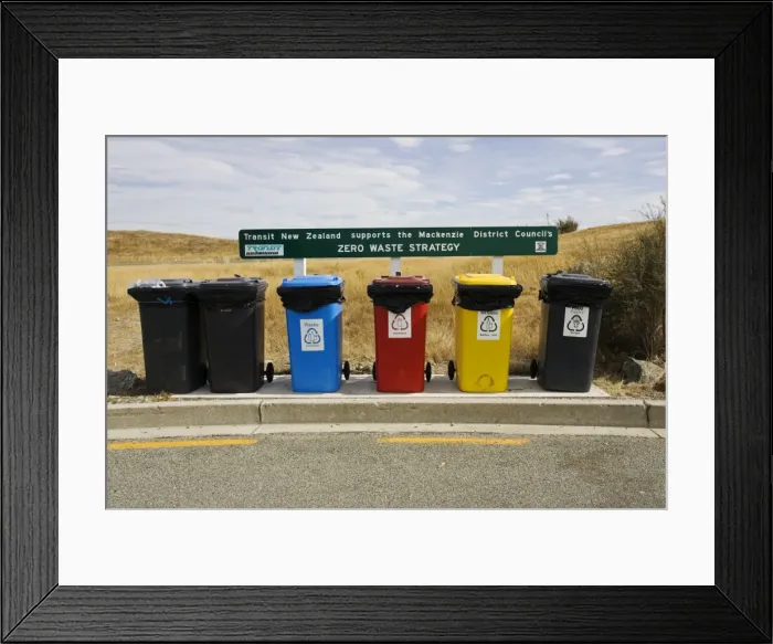 Framed Print : Recycling - colourful recycling bins at visitor centre near Lake Pukaki Mackenzie District New Zealand where the District Council supports a zero waste strategy Framed Print : Recycling - colourful recycling bins at visitor centre near Lake Pukaki Mackenzie District New Zealand where the District Council supports a zero waste strategy