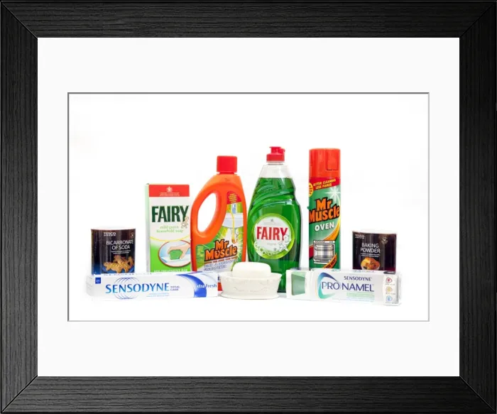 Framed Print : Display of household items containing alkalis including baking powder bicarbonate soap toothpaste washing up liquid oven cleaner - UK Framed Print : Display of household items containing alkalis including baking powder bicarbonate soap toothpaste washing up liquid oven cleaner - UK