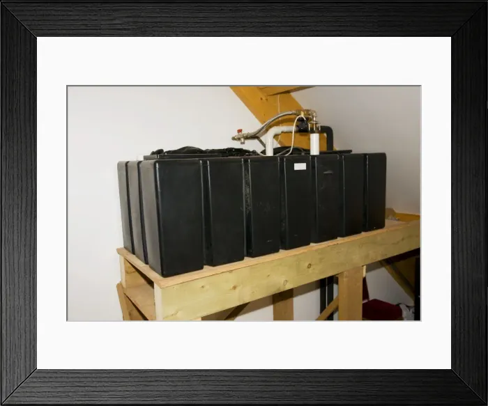 Framed Print : Grey rainwater fed water tank system in award winning eco hall Rock Worcestershire UK Framed Print : Grey rainwater fed water tank system in award winning eco hall Rock Worcestershire UK