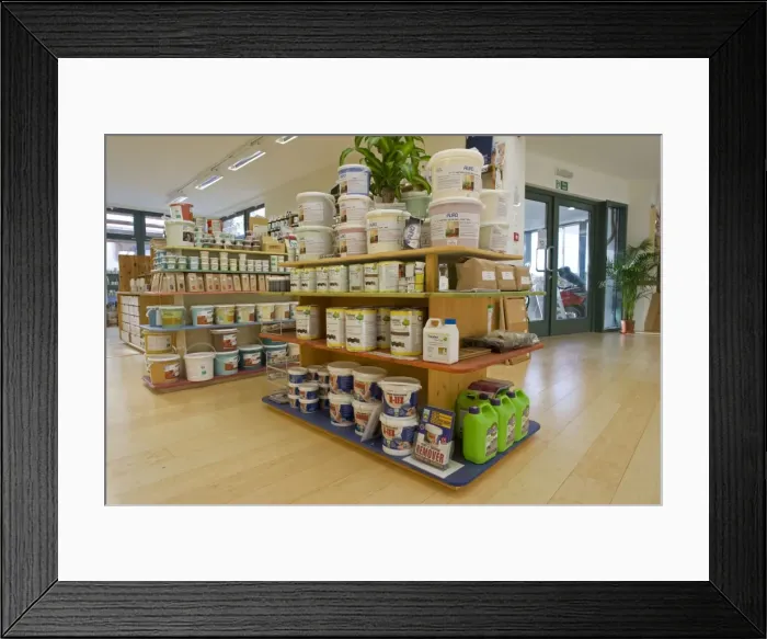 Framed Print : Paint - Display of pots of Auro Natural Paint eco-friendly Green without compromise. Green Shop Bisley UK Framed Print : Paint - Display of pots of Auro Natural Paint eco-friendly Green without compromise. Green Shop Bisley UK