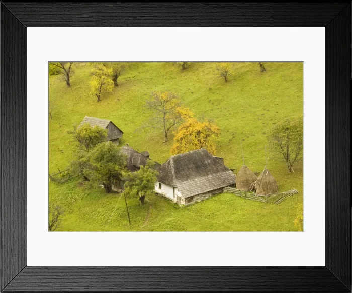 Framed Print : Ancient farm in a beautiful pastoral montane landscape, with traditional agriculture, at Magura, in Piatra Criaulu Mountains, autumn, Romania Framed Print : Ancient farm in a beautiful pastoral montane landscape, with traditional agriculture, at Magura, in Piatra Criaulu Mountains, autumn, Romania
