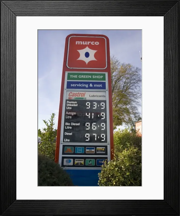 Framed Print : Petrol Station Sign - showing prices and global diesel containing 5% biodiesel for sale at Green Shop, Bisley, Gloucestershire, UK Framed Print : Petrol Station Sign - showing prices and global diesel containing 5% biodiesel for sale at Green Shop, Bisley, Gloucestershire, UK