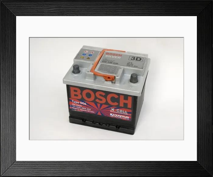 Framed Print : Battery - Bosch silver lead acid 12 volt 36A amp hour car battery UK Framed Print : Battery - Bosch silver lead acid 12 volt 36A amp hour car battery UK