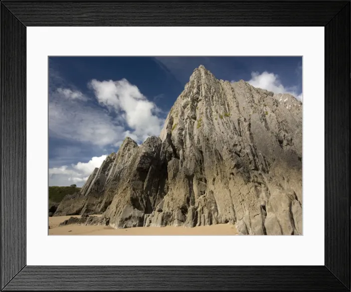 Framed Print : Vertical folded limestone strata, at Three Crowns Bay, Gower peninsula Framed Print : Vertical folded limestone strata, at Three Crowns Bay, Gower peninsula