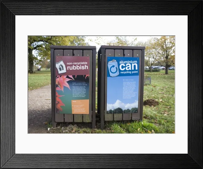 Framed Print : Waste and recycling bins. Westonbirt Arboretum Tetbury UK Framed Print : Waste and recycling bins. Westonbirt Arboretum Tetbury UK