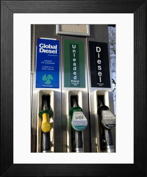Framed Print : Global biodiesel sign on pump. The Green Shop garage Bisley near Stroud UK Framed Print : Global biodiesel sign on pump. The Green Shop garage Bisley near Stroud UK