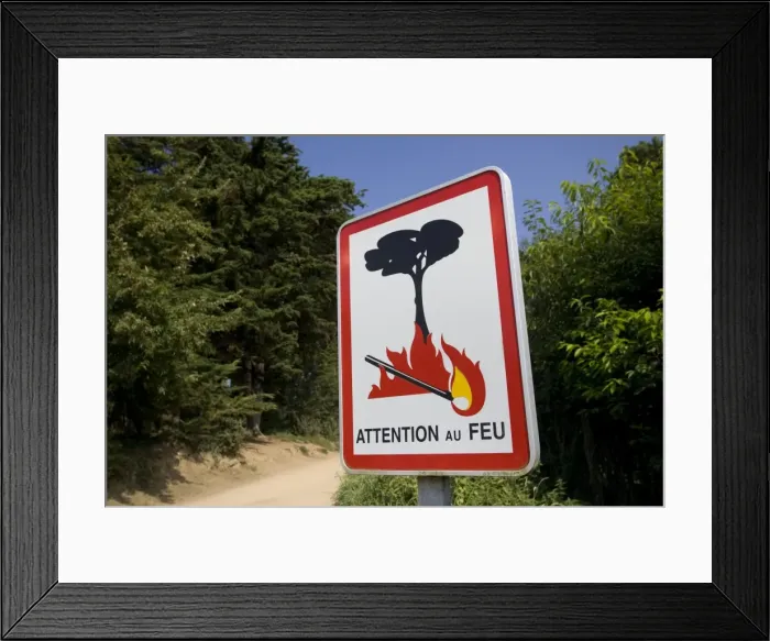 Framed Print : Fire danger warning Attention Feu sign Brittany France Framed Print : Fire danger warning Attention Feu sign Brittany France