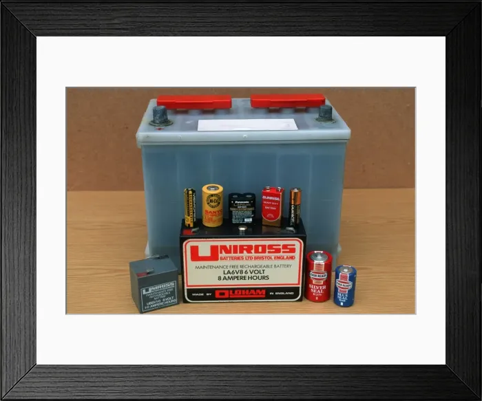 Framed Print : Display of different kinds of batteries including car lead acid dry and lithium cells of various sizes and rechargeables UK Framed Print : Display of different kinds of batteries including car lead acid dry and lithium cells of various sizes and rechargeables UK