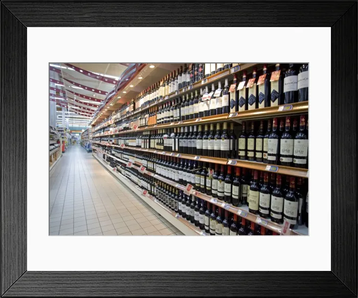 Framed Print : Shelves of wine E Leclerc superstore Le Havre France Framed Print : Shelves of wine E Leclerc superstore Le Havre France