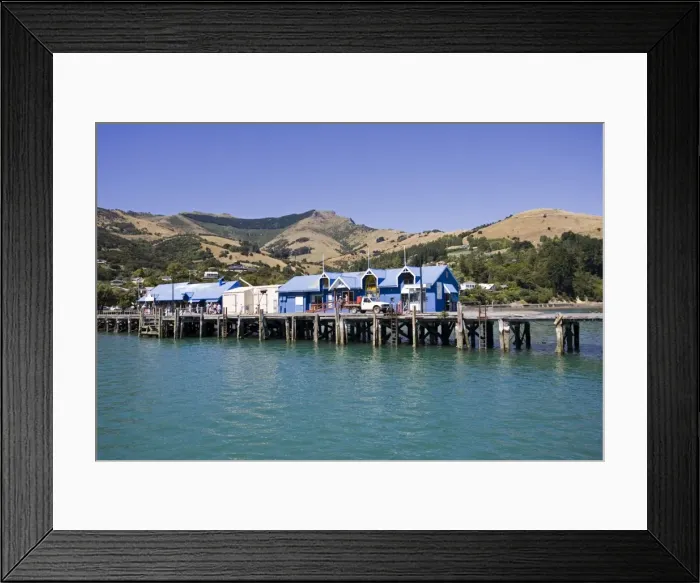 Framed Print : Pier in Akaroa harbour with office of Akaroa Dolphins. Banks Peninsula - New Zealand
