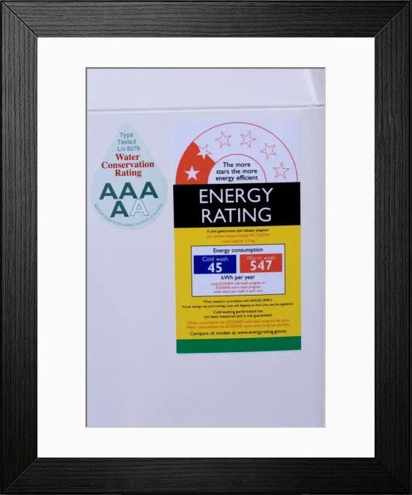 Framed Print : Environment - Energy and water efficiency rating label on new washing machine New Zealand Framed Print : Environment - Energy and water efficiency rating label on new washing machine New Zealand