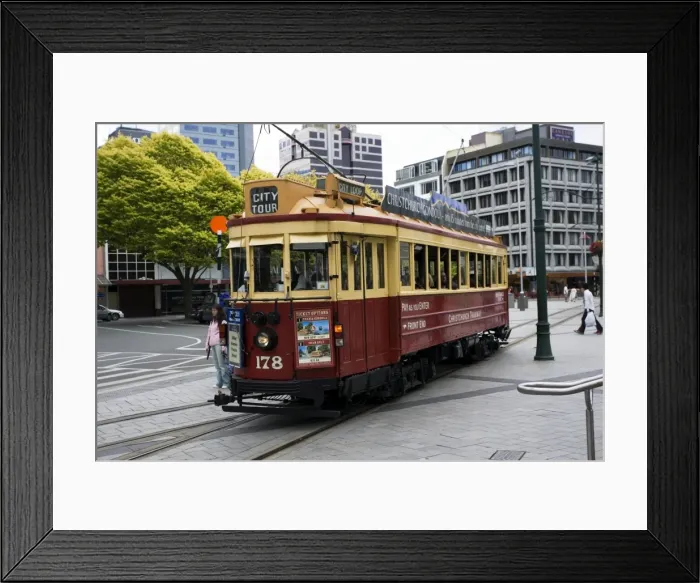 Framed Print : New Zeland - historic restored Christchurch inner city tram, cathedral square, South Island