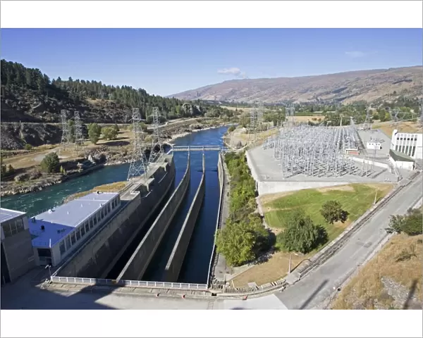 Dam - View of Roxburgh Dam New Zealands earliest hydroelectric dam built between 1949 and 1956 on the Clutha river South Island. The eight unit power station now has a capacity of 320 MW