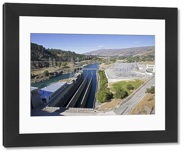 Dam - View of Roxburgh Dam New Zealands earliest hydroelectric dam built between 1949 and 1956 on the Clutha river South Island. The eight unit power station now has a capacity of 320 MW