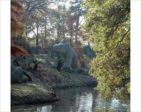 Model dinosaurs, Crystal Palace, London. World's first life size models, 1853