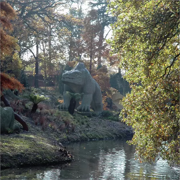 Model dinosaurs, Crystal Palace, London. World's first life size models, 1853