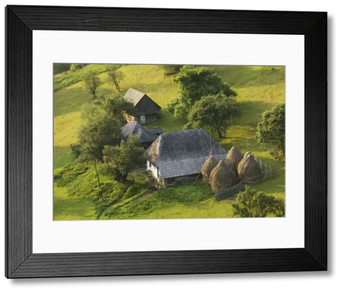Framed Print : Traditional old farm in the Piatra Craiulu Mountains, surrounded by flowery pastures. Romania