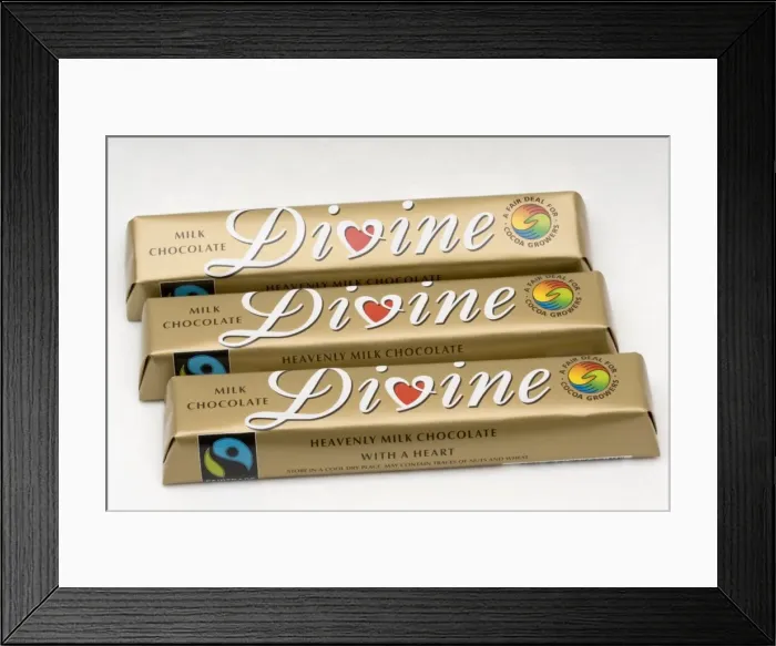 Framed Print : Bars of fairtraded Divine chocolate - with Fairtrade logo made with cocoa from Ghana in West Africa