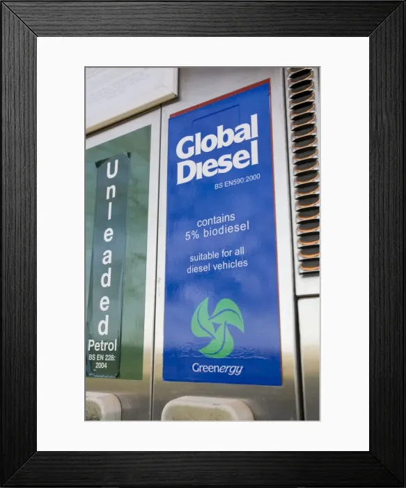 Framed Print : Global diesel containing 5% biodiesel for sale at Green Shop, Bisley, Gloucestershire, UK Framed Print : Global diesel containing 5% biodiesel for sale at Green Shop, Bisley, Gloucestershire, UK