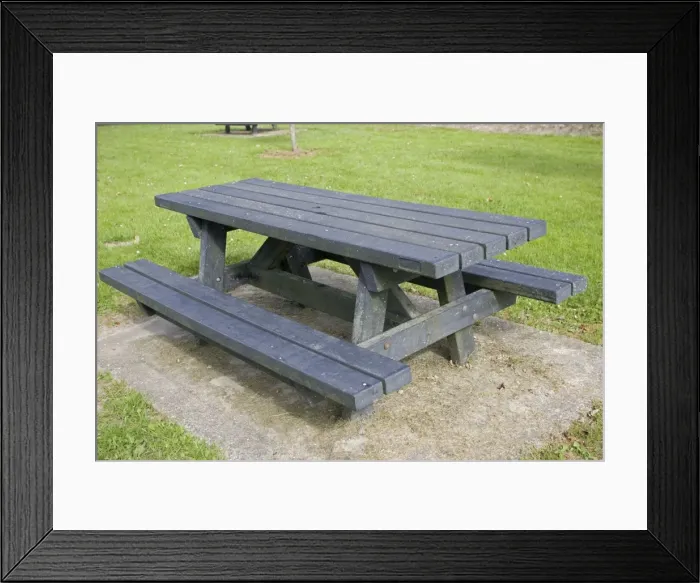 Framed Print : Picnic table made of recycled plastic Normandy France Framed Print : Picnic table made of recycled plastic Normandy France