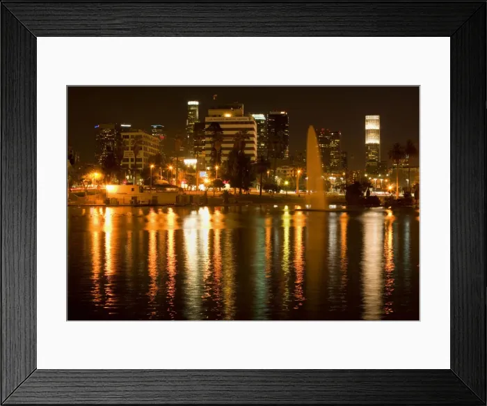 Framed Print : Los Angeles - at night - reflections in park's lake illuminating a fountain and skyscrapers - Los Angeles, California, USA Framed Print : Los Angeles - at night - reflections in park's lake illuminating a fountain and skyscrapers - Los Angeles, California, USA