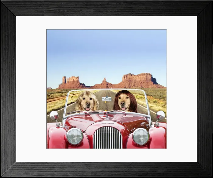 Framed Print : Dog - Golden Retrievers driving car through desert scene Digital Manipulation: Car & Dogs JD - scene TD Framed Print : Dog - Golden Retrievers driving car through desert scene Digital Manipulation: Car & Dogs JD - scene TD