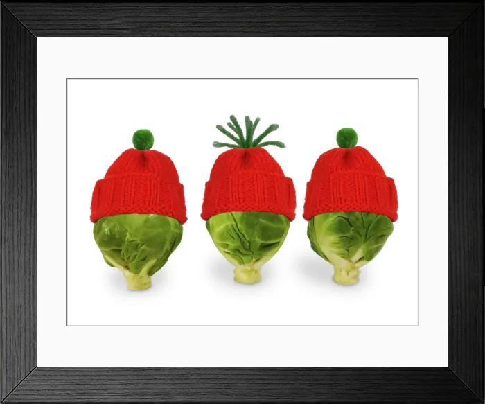 Framed Print : Brussels sprout - with red & green woolly hat Framed Print : Brussels sprout - with red & green woolly hat
