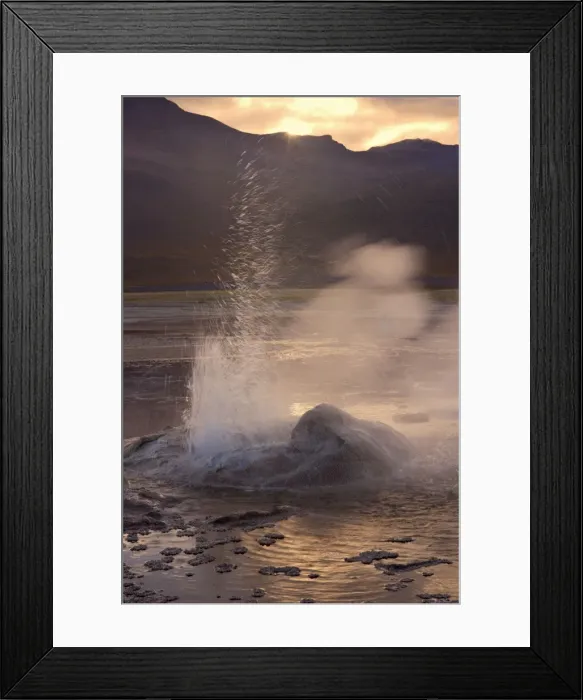 Framed Print : El Tatio Geysers - geothermal field of hot springs and geysers which is located at over 4200 m above sea level - at sunrise - Altiplano Atacama Desert - Chile - South America