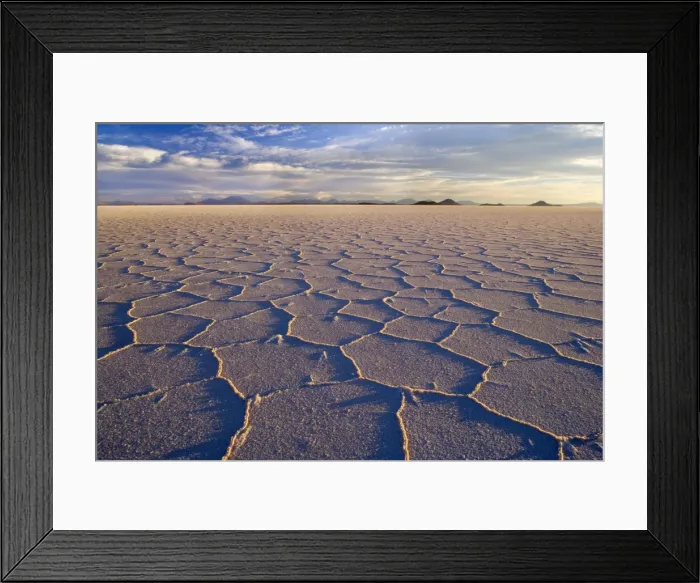 Framed Print : Salar de Uyuni - polygonal salt pattern on dried up salt lake at sunset - Salar de Uyuni - Altiplano - Bolivia - South America