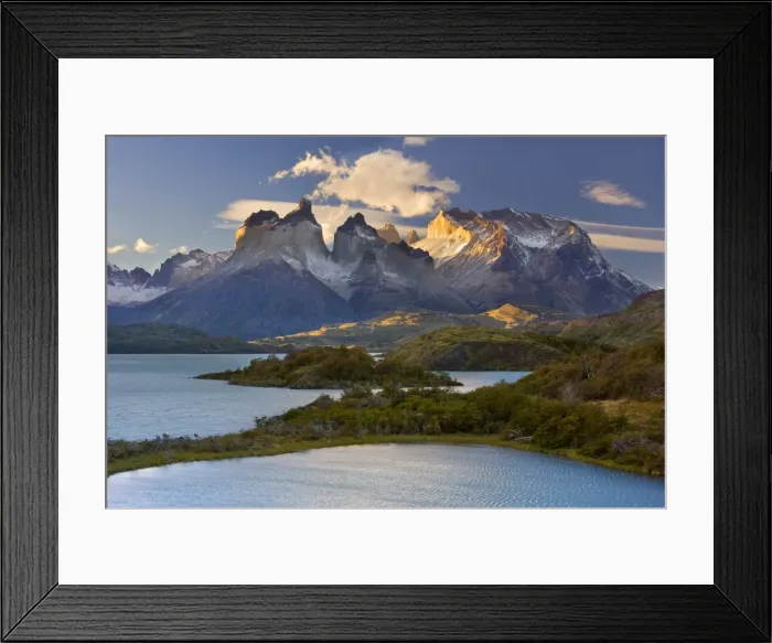 Framed Print : Cuernos del Paine - mountain scenery encompassing the granite peaks of the Cuernos del Paine massif and turqoise coloured Lago Pehoe at sunset - UNESCO World Heritage Site Torres del Paine National Park - Patagonia - Chile - South America Framed Print : Cuernos del Paine - mountain scenery encompassing the granite peaks of the Cuernos del Paine massif and turqoise coloured Lago Pehoe at sunset - UNESCO World Heritage Site Torres del Paine National Park - Patagonia - Chile - South America