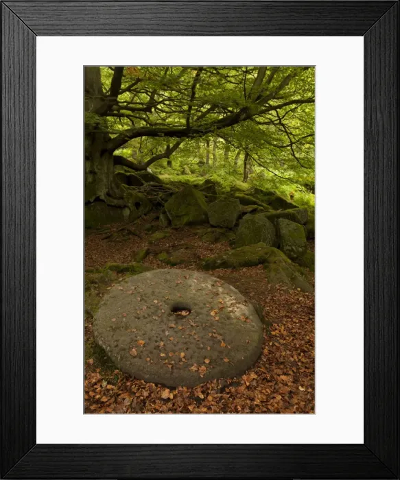 Framed Print : Millstone wheel left lying on the ground in woodland at Padley Gorge - September - Peak District - England Framed Print : Millstone wheel left lying on the ground in woodland at Padley Gorge - September - Peak District - England