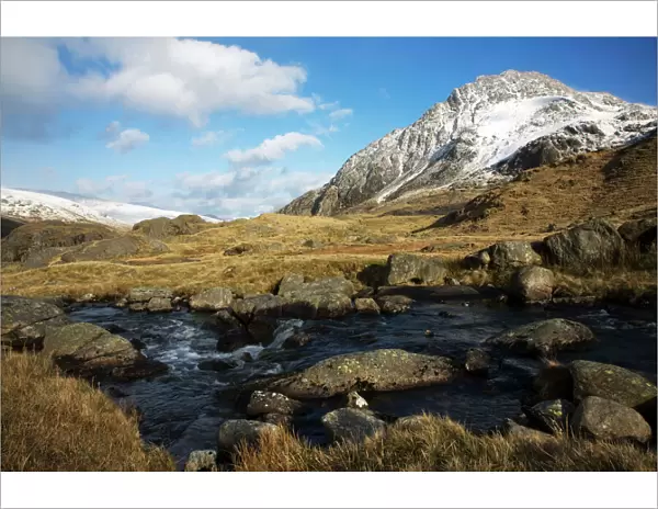 River Idwal with Tryfan covered in snow - March - Ogwen Valley - Snowdonia - Gwynedd - North Wales - UK