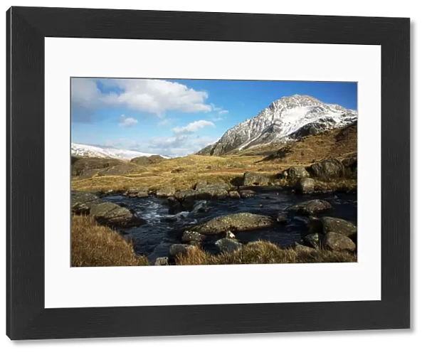 River Idwal with Tryfan covered in snow - March - Ogwen Valley - Snowdonia - Gwynedd - North Wales - UK