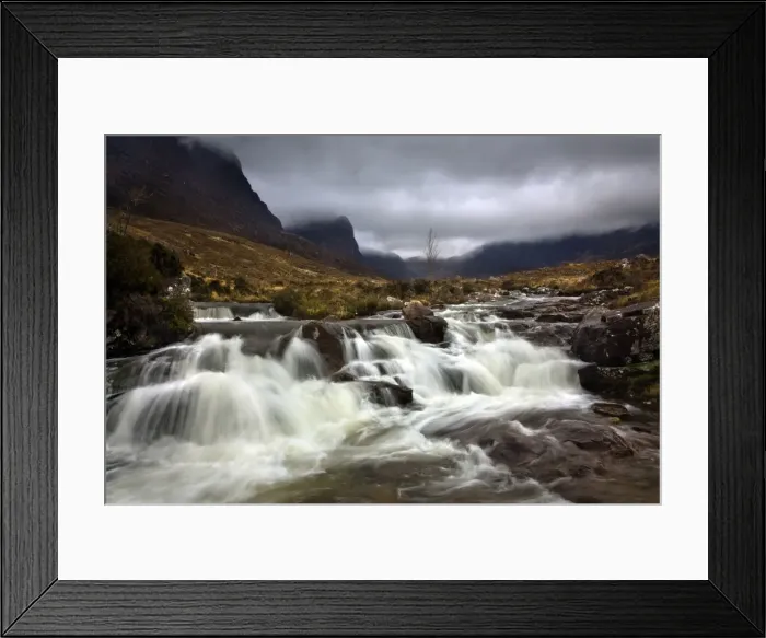 Framed Print : Waterfall at Russel Burn in moody conditions - Bealach na ba - Wester Ross - Scotland Framed Print : Waterfall at Russel Burn in moody conditions - Bealach na ba - Wester Ross - Scotland