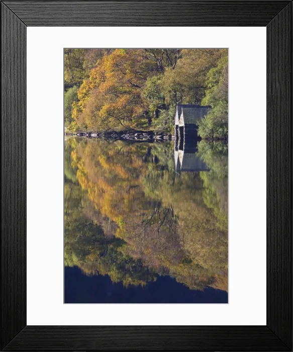 Framed Print : Autumn colours and Boat houses reflections in Llyn Dinas - October - Snowdonia - North Wales Framed Print : Autumn colours and Boat houses reflections in Llyn Dinas - October - Snowdonia - North Wales