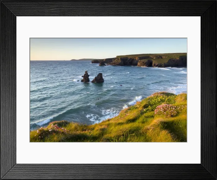 Framed Print : Porthcothan - with surfers in the sea - Cornwall, UK Framed Print : Porthcothan - with surfers in the sea - Cornwall, UK