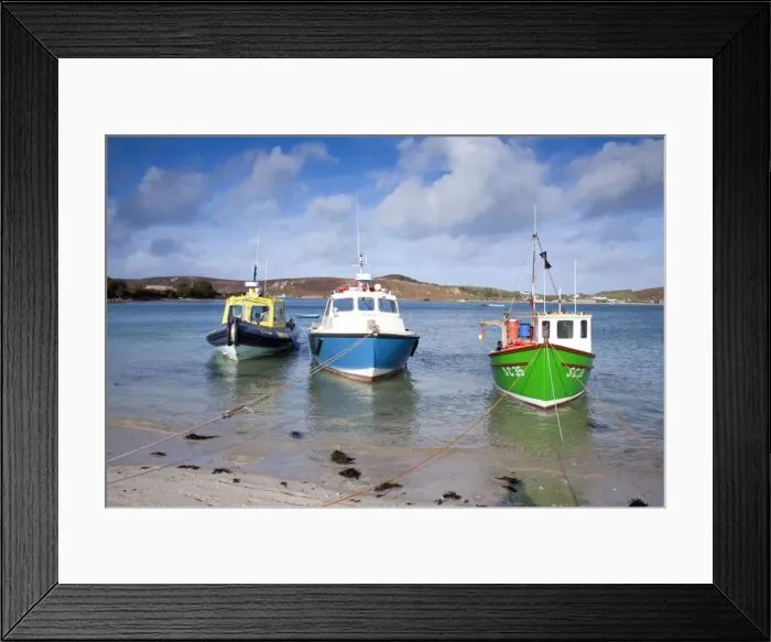 Framed Print : Boats Moored at Bryher - Isles of Scilly - Tresco beyond - UK Framed Print : Boats Moored at Bryher - Isles of Scilly - Tresco beyond - UK