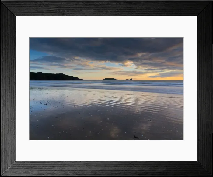 Framed Print : Rhossili - beach at sunset - Worms Head, Gower, Wales, UK Framed Print : Rhossili - beach at sunset - Worms Head, Gower, Wales, UK